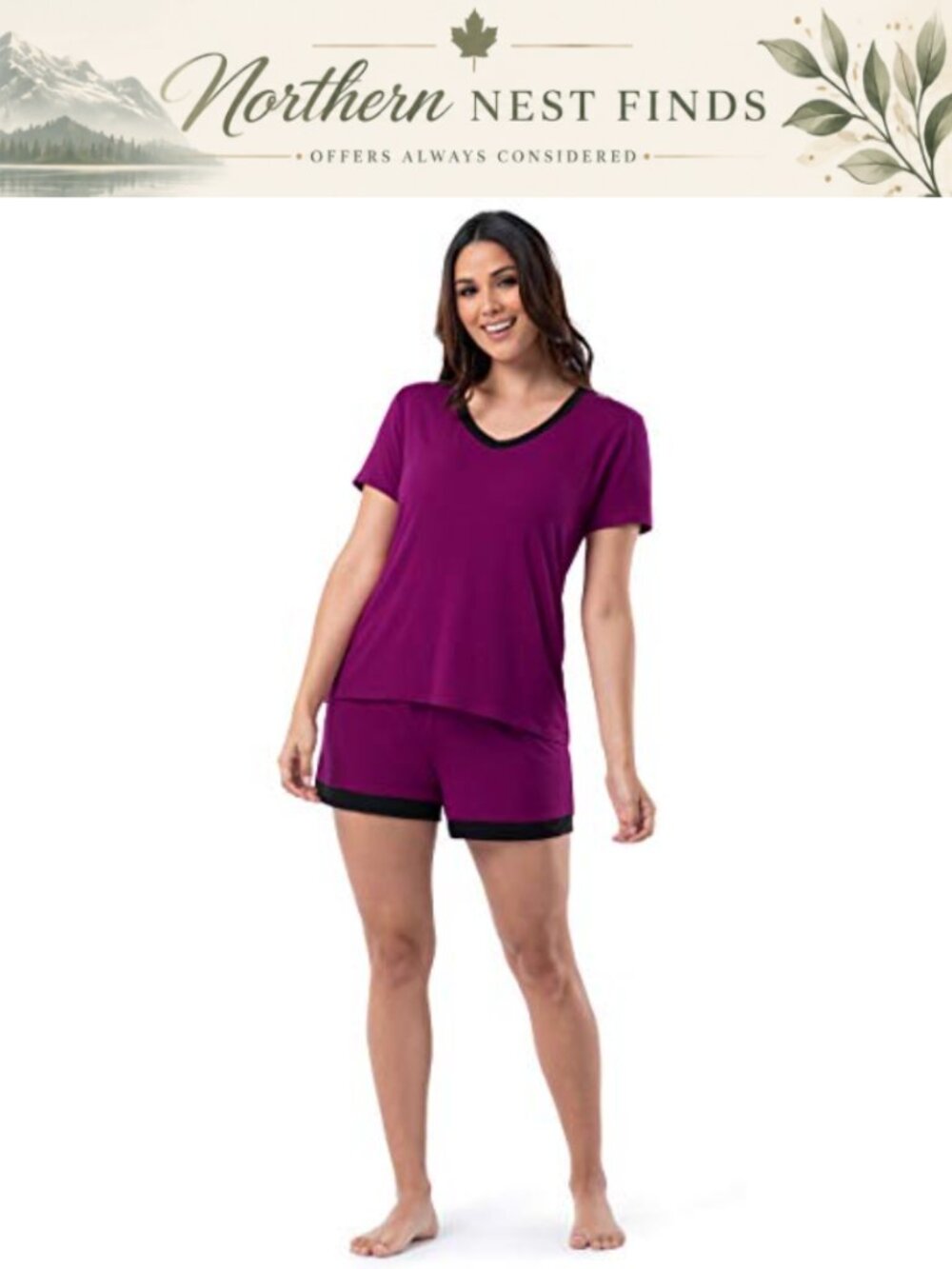 Women's 2-Piece Pajama Set V-Neck Tee and Elastic Waist Shorts Relaxed Fit